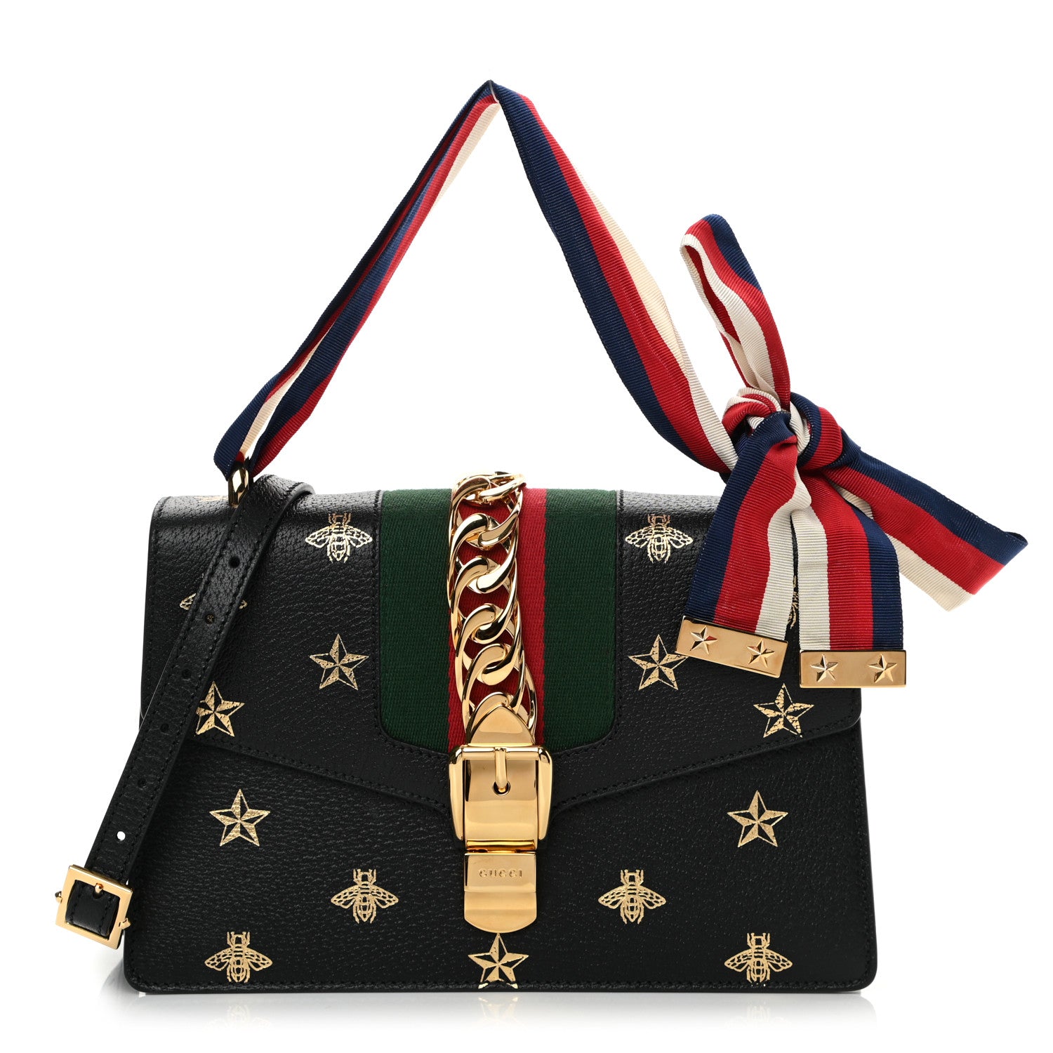 Gucci Textured Calfskin Bee Star Print Small Sylvie Shoulder Bag Black 1 of 13