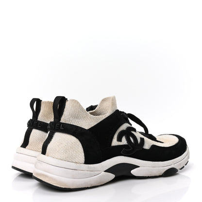 Chanel Knit Fabric Suede Calfskin Womens CC Sneakers  41 White Black 5 of 8