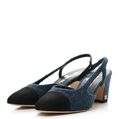 Chanel Tweed Grosgrain Cap Toe CC Slingback Pumps 38 Blue Black 3 of 8