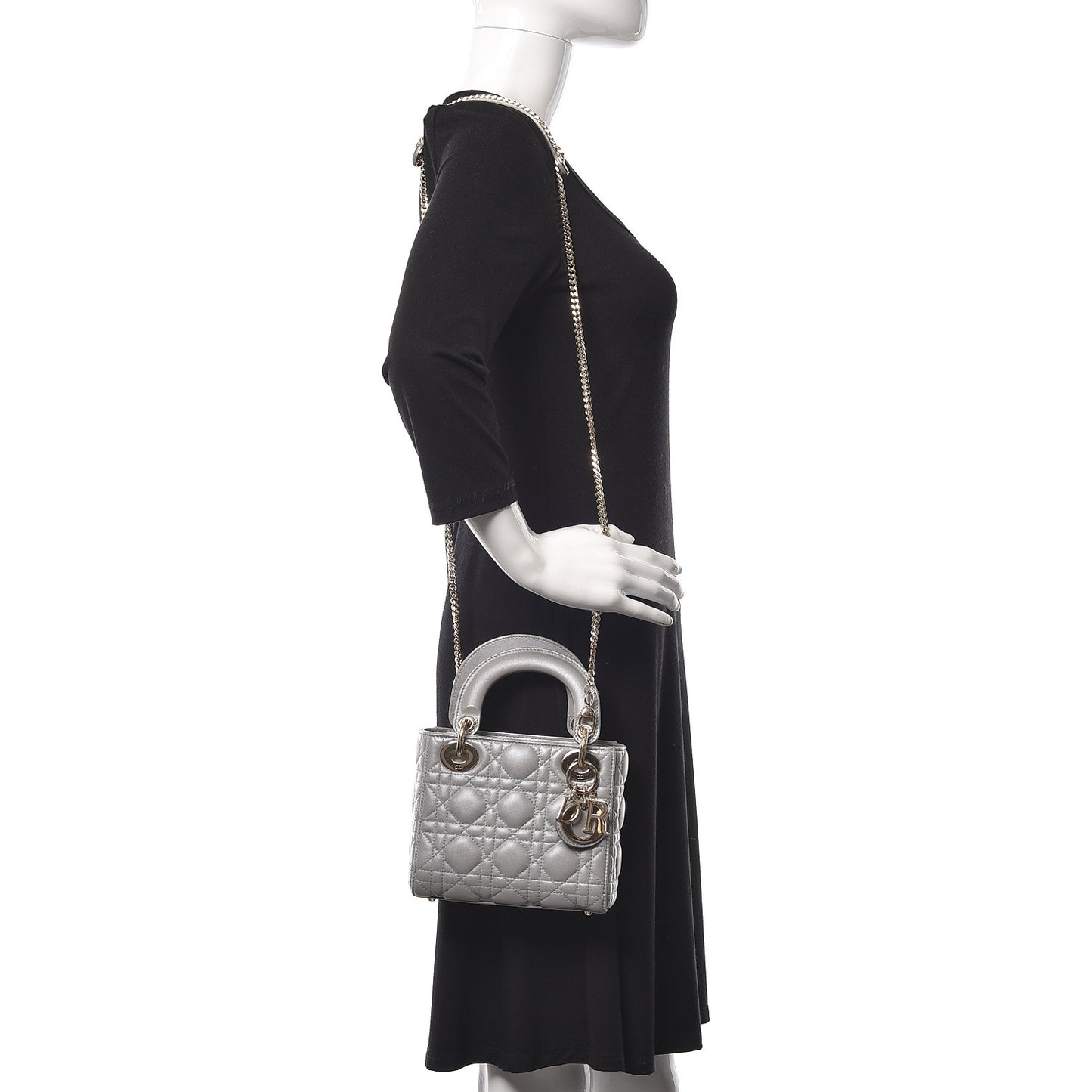 Metallic Lambskin Cannage Mini Lady Dior Grey
