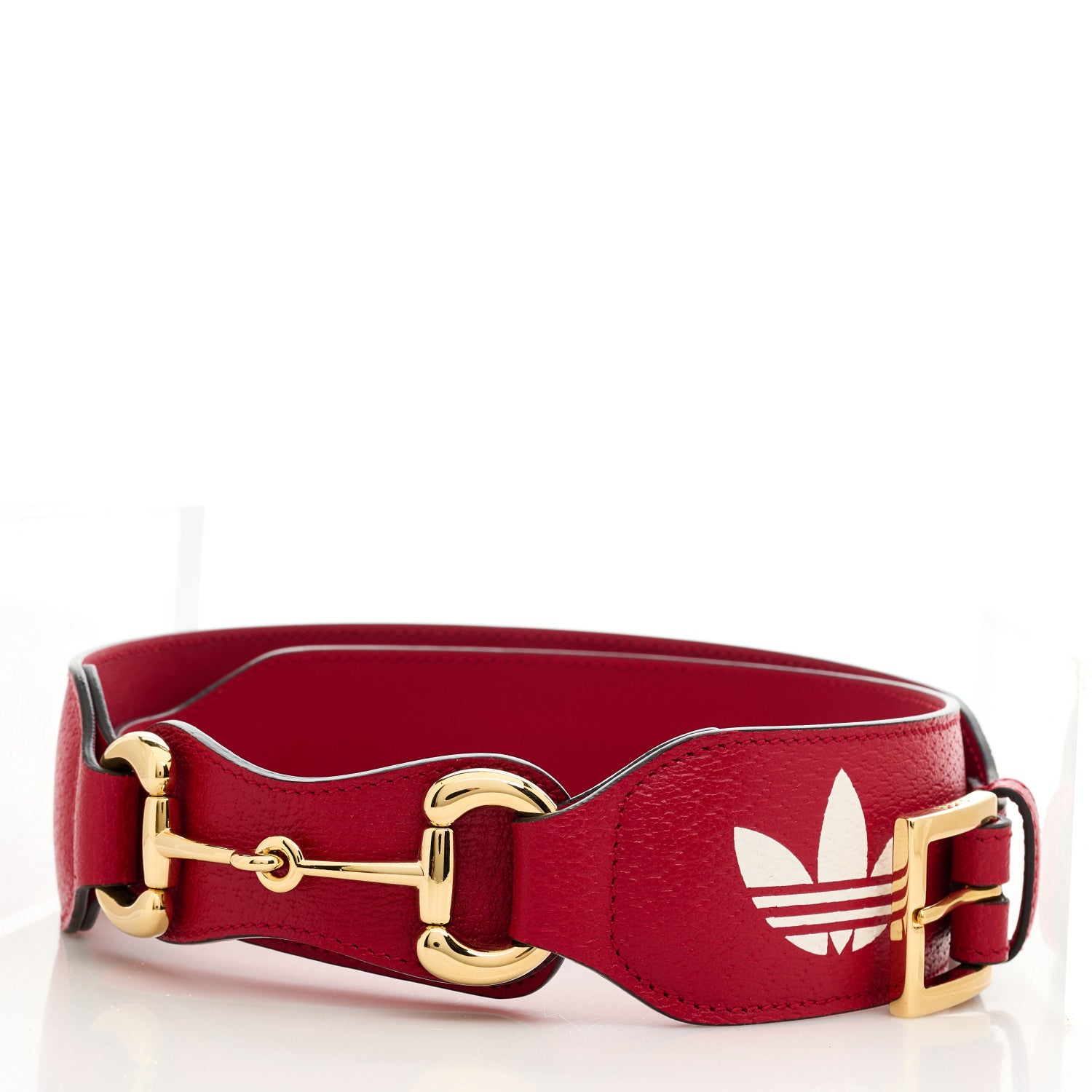 Gucci X ADIDAS Textured Dollar Calfskin Trefoil 50/25mm Belt 85 34 Hibiscus Red Off White 1 of 6