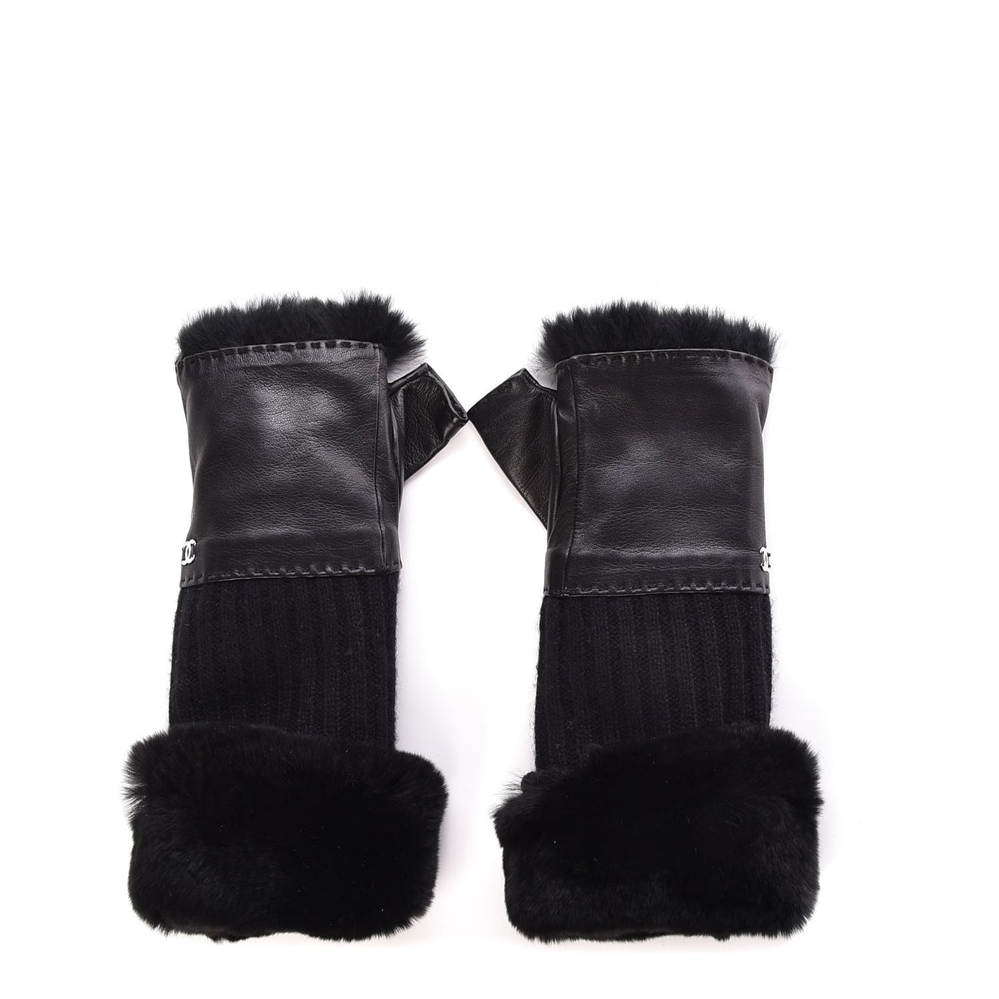 Orylag Rabbit Fur Lambskin Fingerless Gloves 7 Black