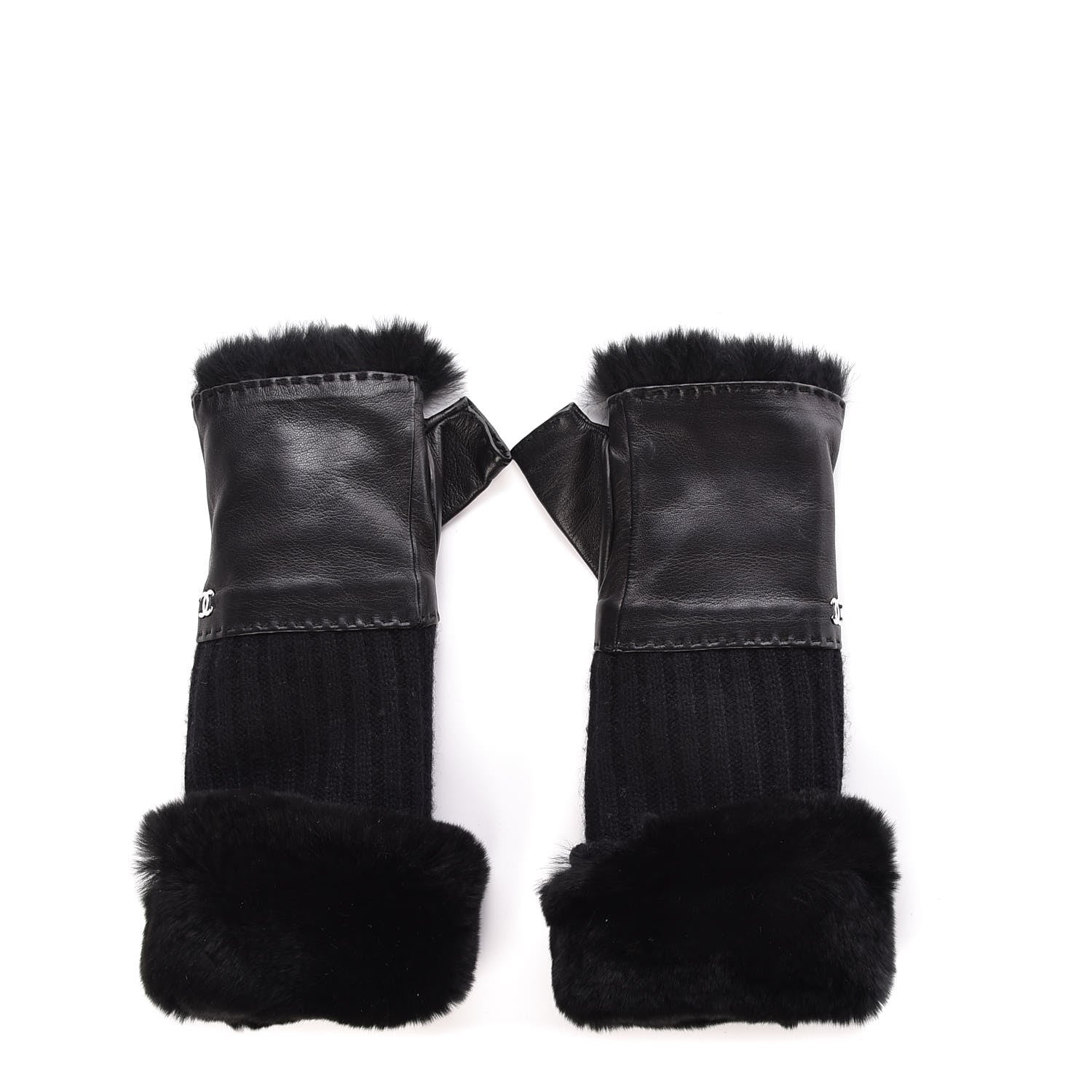 Chanel Orylag Rabbit Fur Lambskin Fingerless Gloves 7 Black 1 of 4