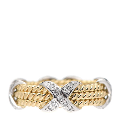 Tiffany 18K Yellow Gold Platinum Diamond Schlumberger Rope 3 Row X Ring 48 4.5 1 of 7
