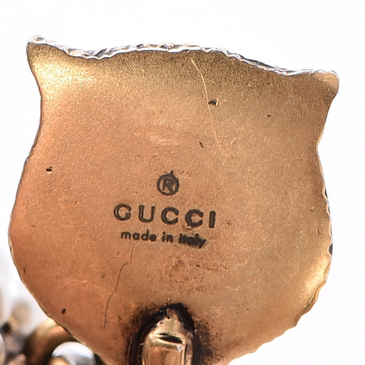 Gucci Metal Resin Pearl Feline Clip On Earrings Aged Gold 4 of 5