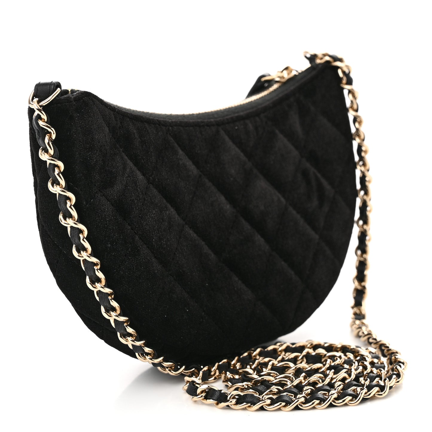 Velvet Crystal Quilted Chain Hobo Black