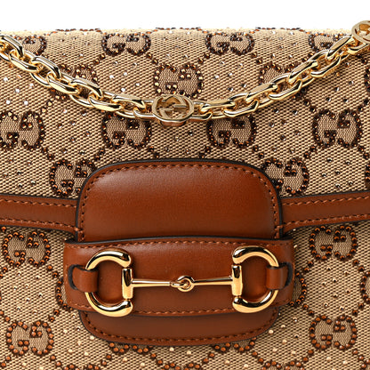 Gucci New Canvas Charisma Calfskin Crystal GG Monogram Mini Horsebit 1955 Shoulder Bag Camel Ebony 8 of 10