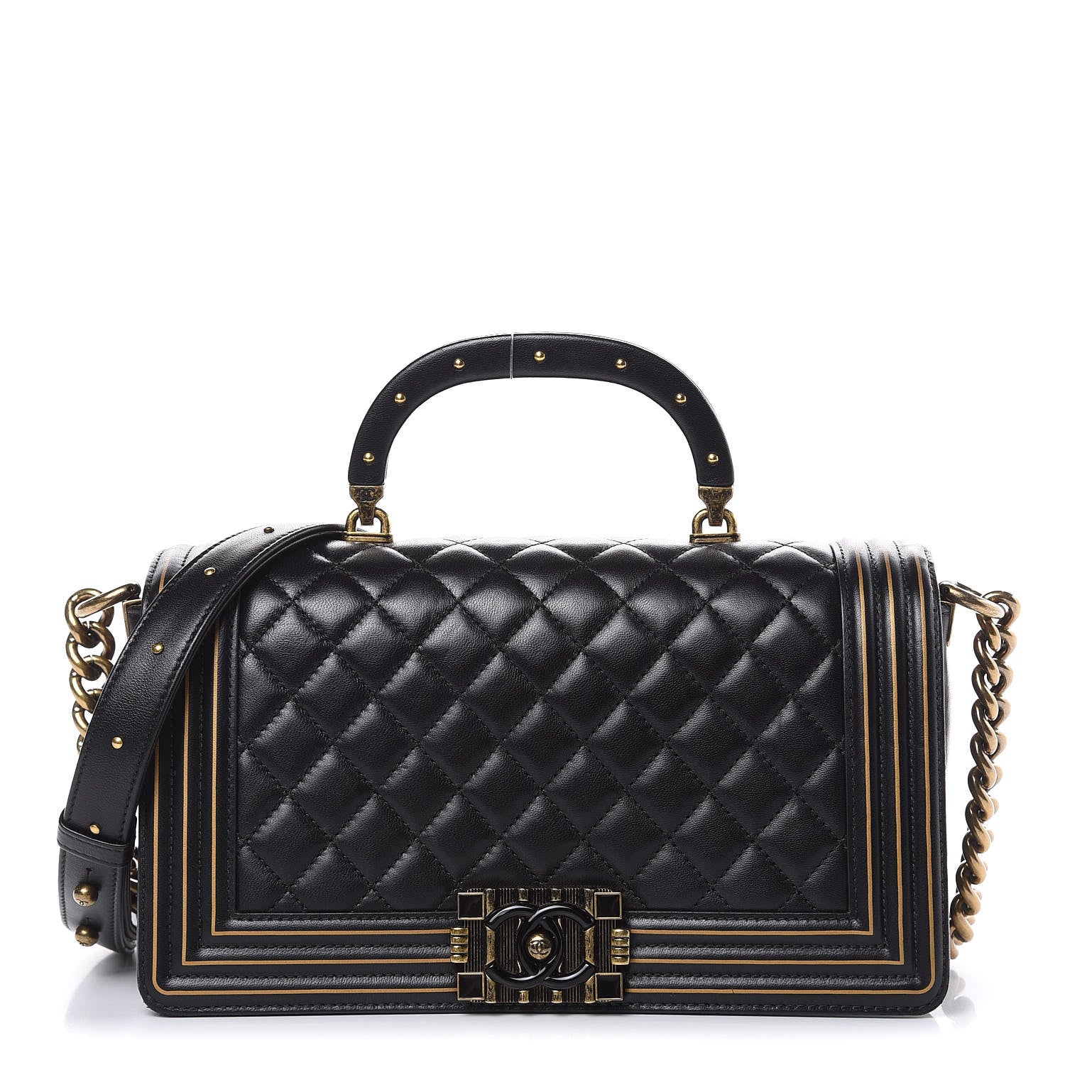 Chanel Lambskin Quilted Medium Boy Studded Handle Flap Black Gold 1 of 12