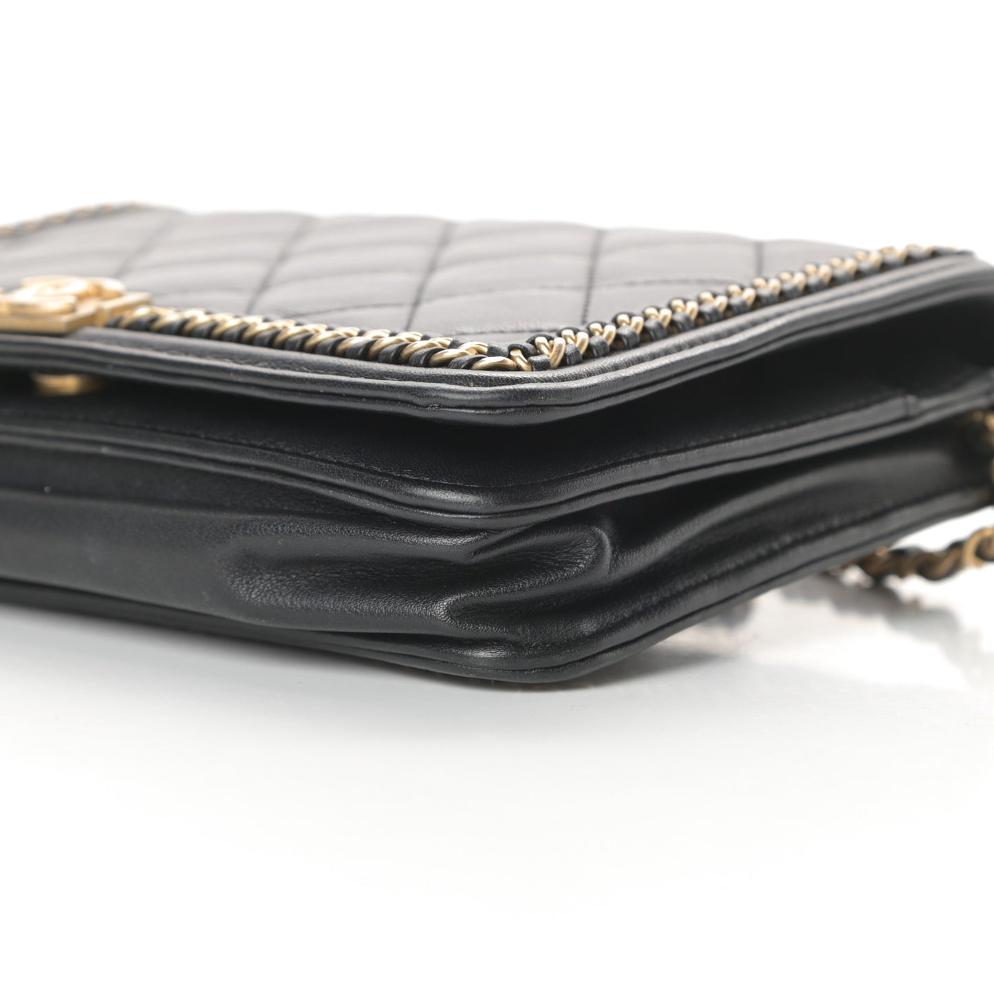 Calfskin Quilted Chain Around Boy Wallet On Chain WOC Black