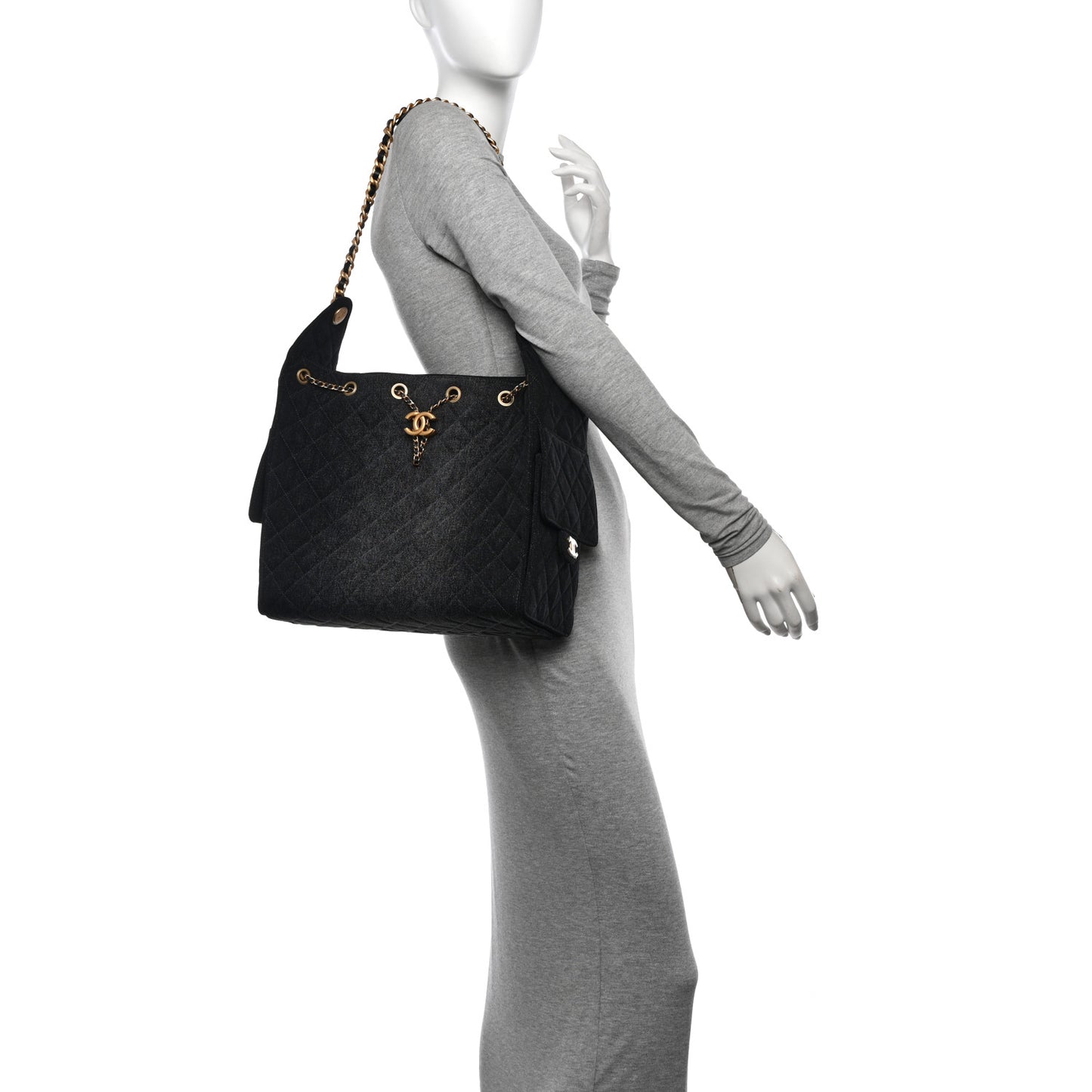 Washed Denim Quilted Medium Chanel 25 Handbag Black