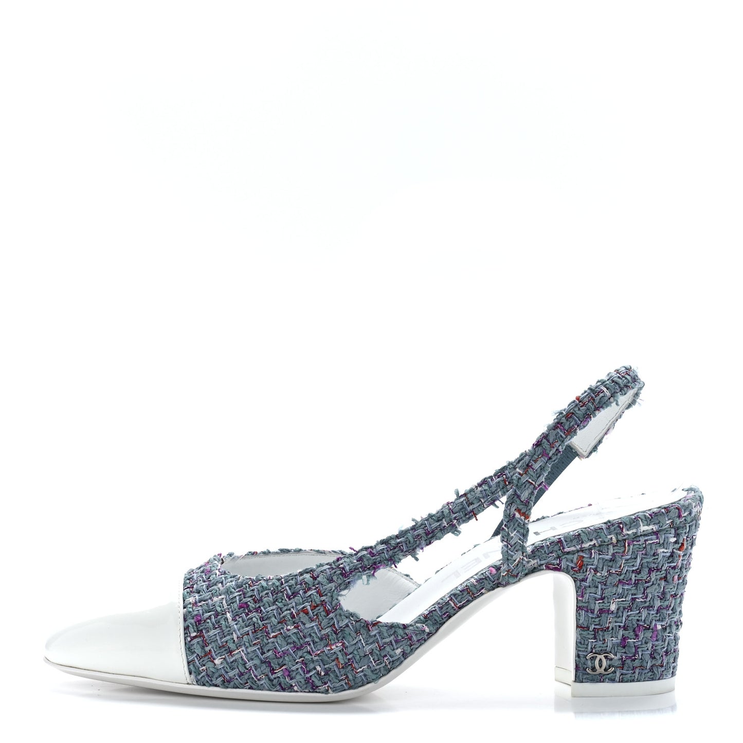 Tweed Patent Cap Toe CC Slingback Pumps 37.5 Turquoise Purple White