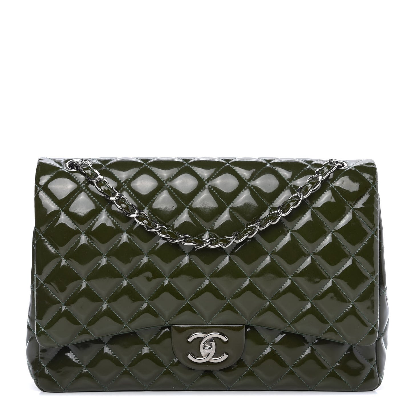 Patent Quilted Maxi Double Flap Dark Green