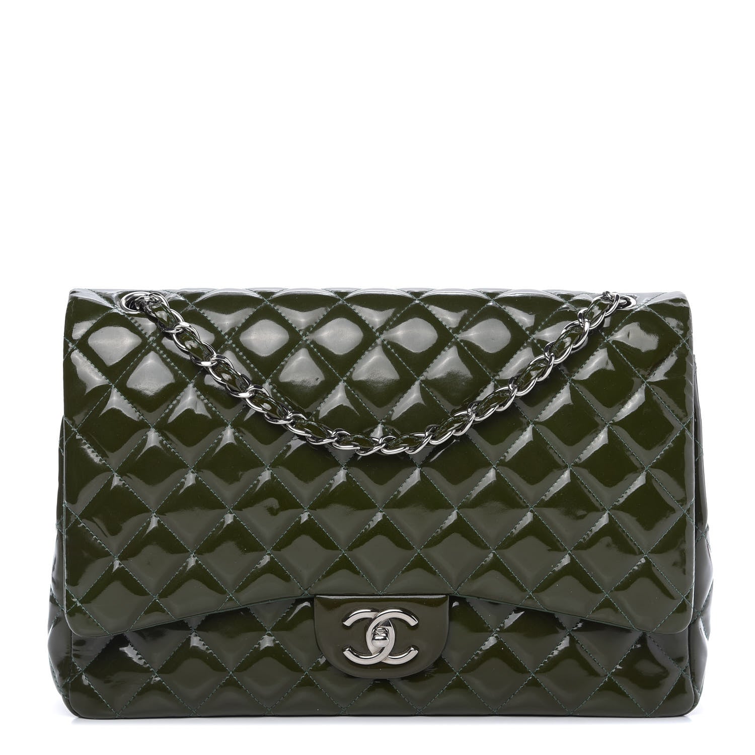 Chanel Patent Quilted Maxi Double Flap Dark Green 1 of 10