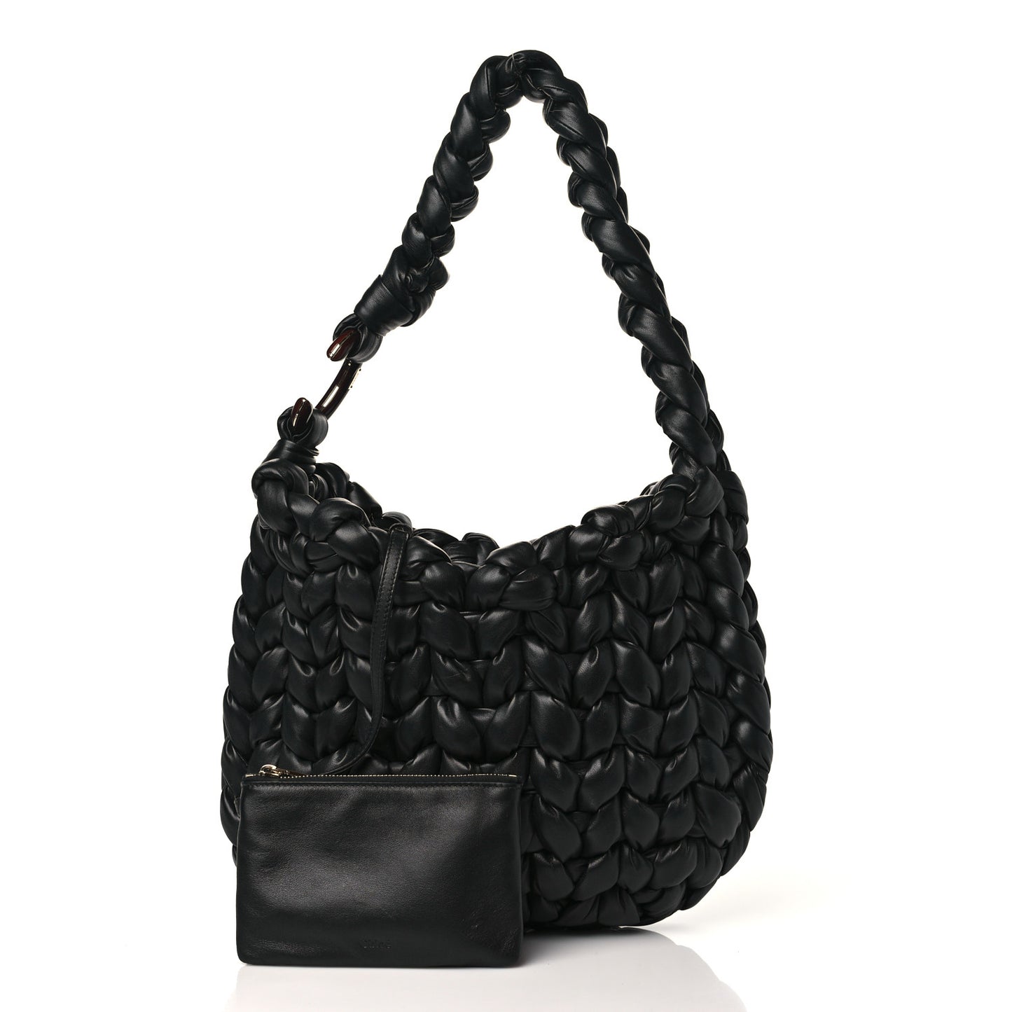 Lambskin Woven Wooden C Shoulder Bag Black