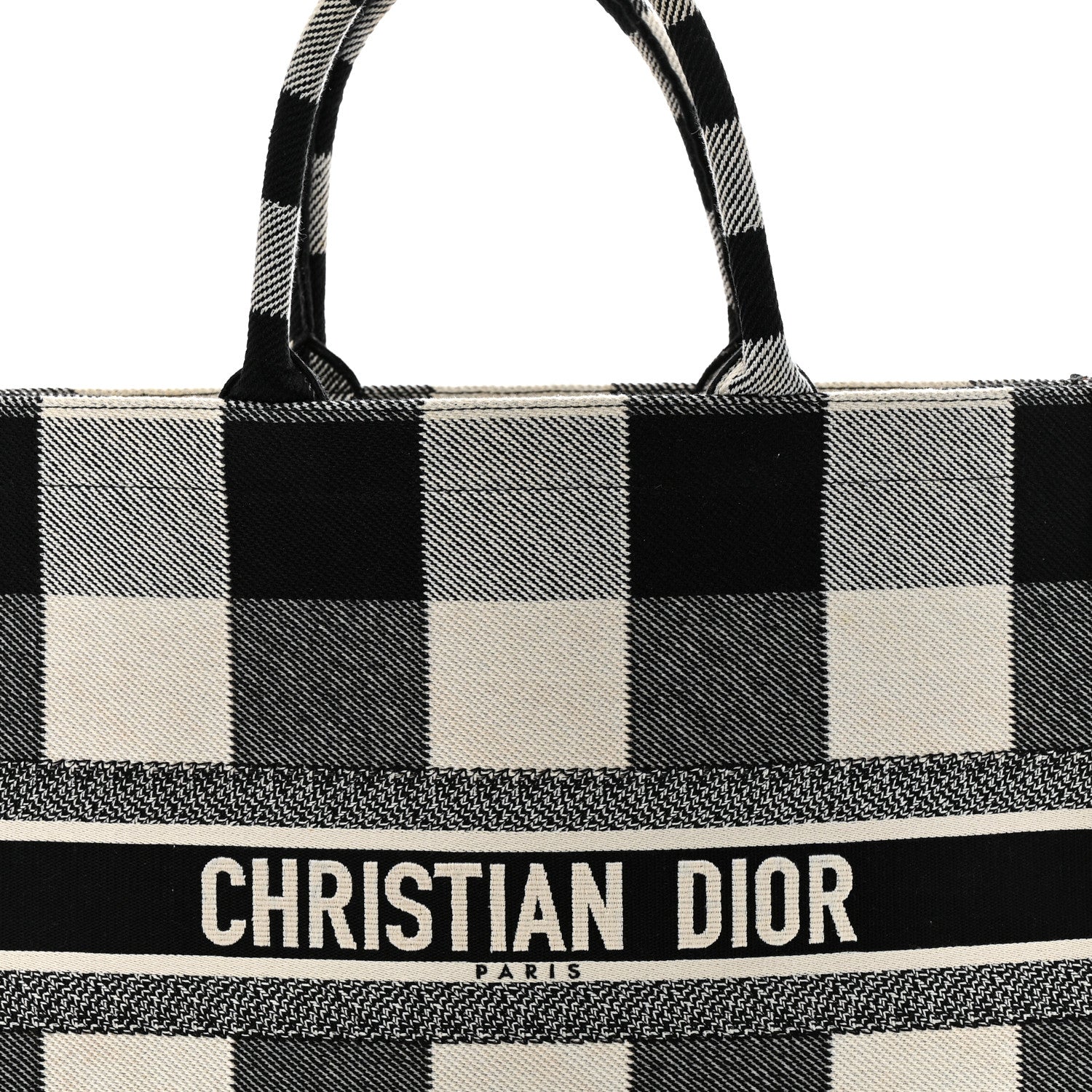 Christian Dior Canvas Embroidered Checkered Book Tote Black White 8 of 13