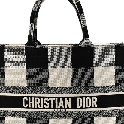 Christian Dior Canvas Embroidered Checkered Book Tote Black White 8 of 13
