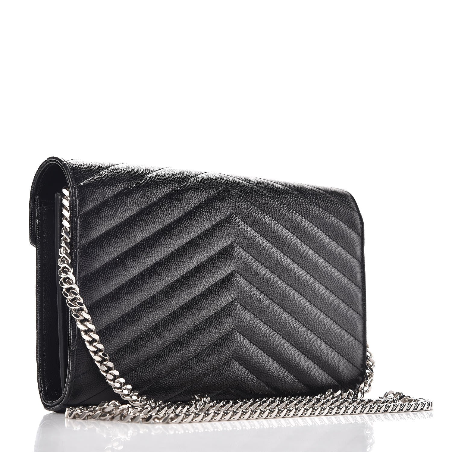 Saint Laurent Grain De Poudre Matelasse Chevron Monogram Chain Wallet Black 3 of 8