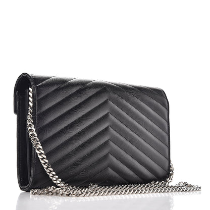 Saint Laurent Grain De Poudre Matelasse Chevron Monogram Chain Wallet Black 3 of 8