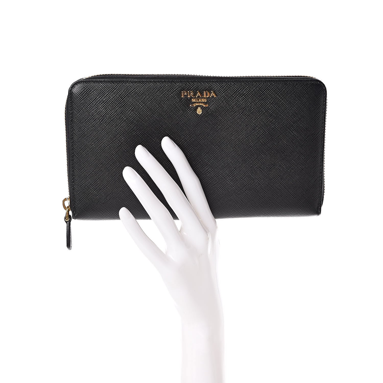 Prada Saffiano Metal Large Zip Around Travel Wallet Black 2 of 8