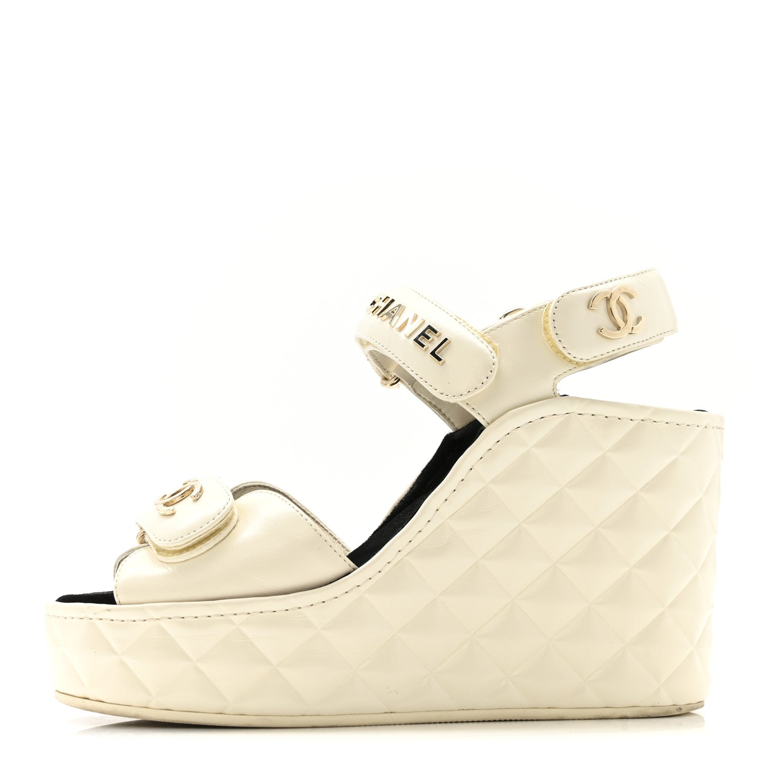 Chanel Shiny Calfskin Quilted Wedge Sandals 36 Ivory 1 of 14