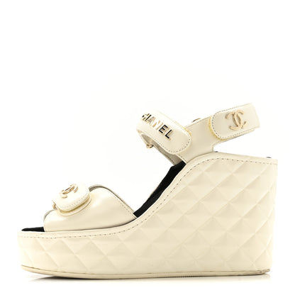 Chanel Shiny Calfskin Quilted Wedge Sandals 36 Ivory 1 of 14