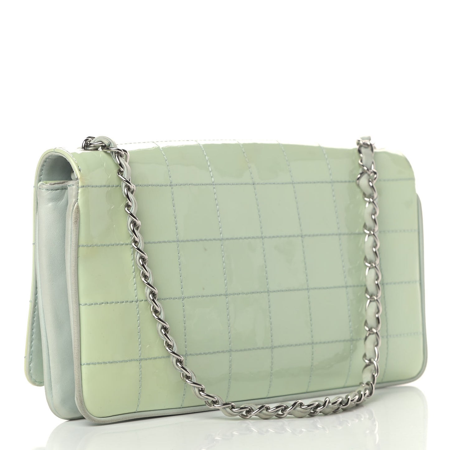 Patent Square Stitched CC Flap Clutch Green