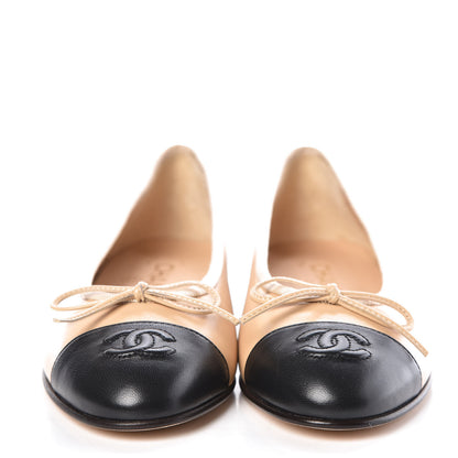 Chanel Lambskin Cap Toe CC Ballerina Flats 36.5 Beige Black 2 of 8