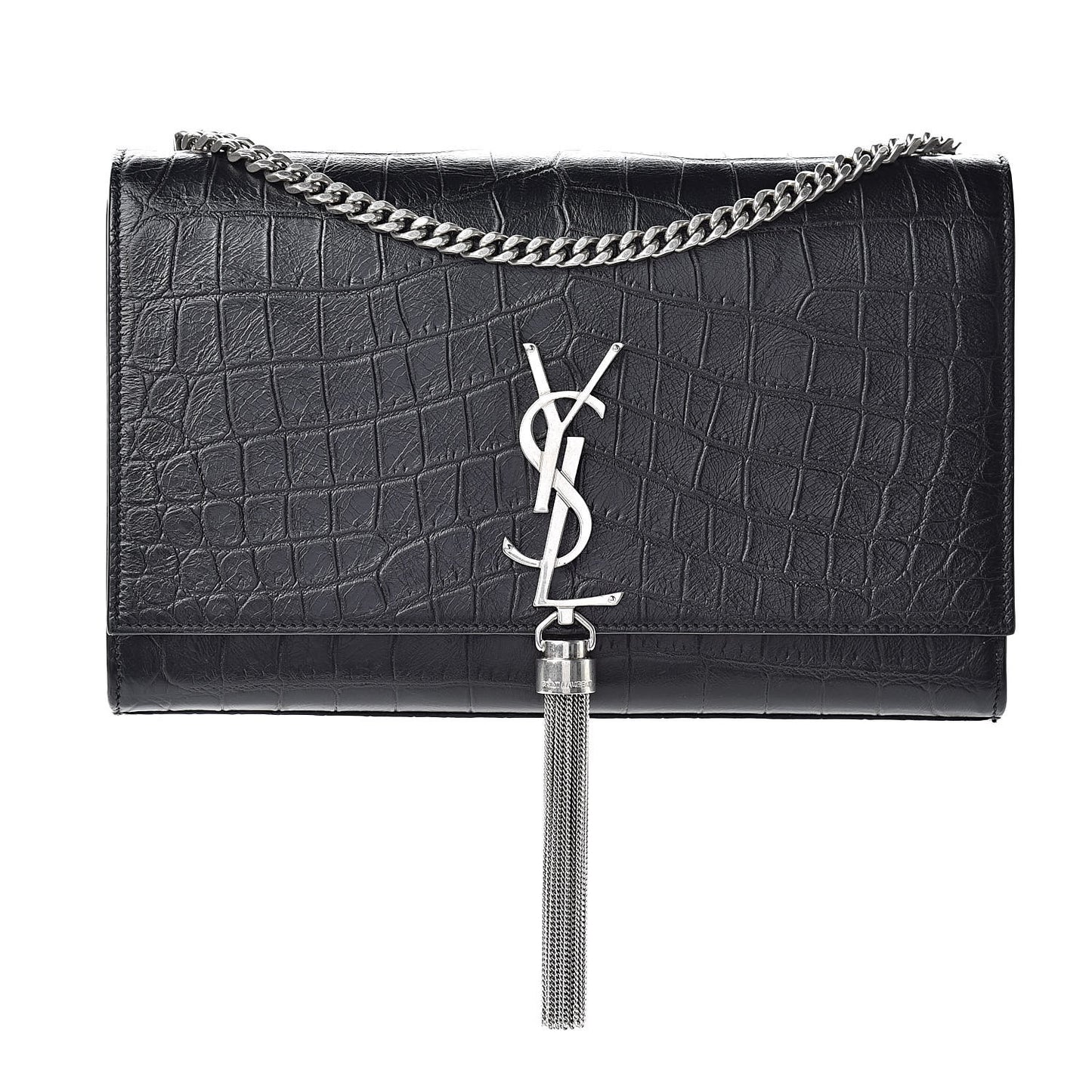 Calfskin Crocodile Embossed Medium Classic Monogram Kate Tassel Satchel Black