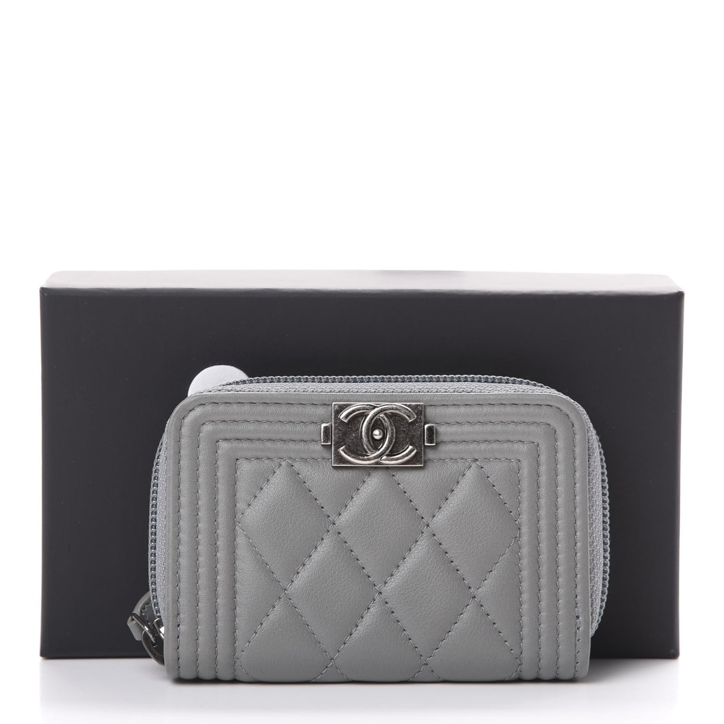 Lambskin Quilted Boy Zip Around Coin Purse Wallet Grey
