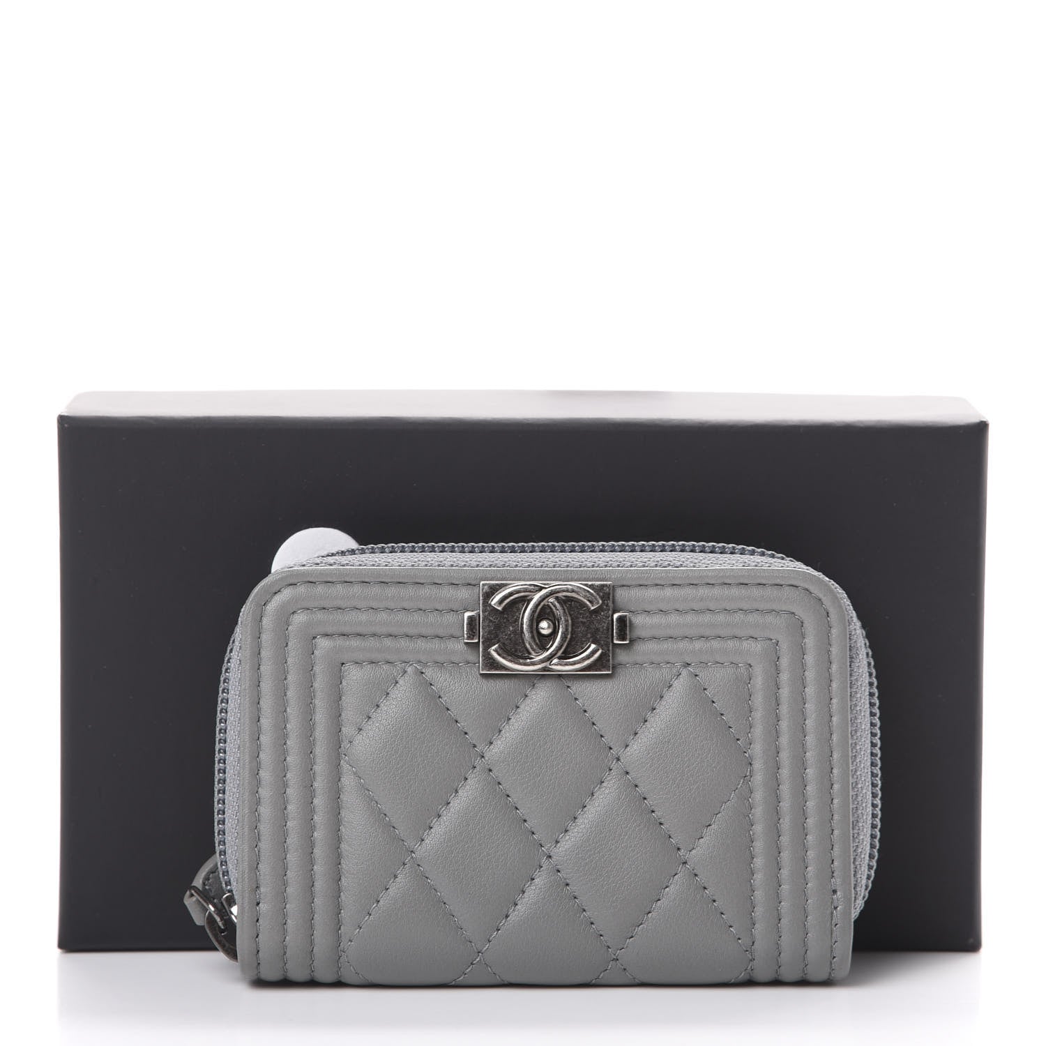 Chanel Lambskin Quilted Boy Zip Around Coin Purse Wallet Grey 7 of 7