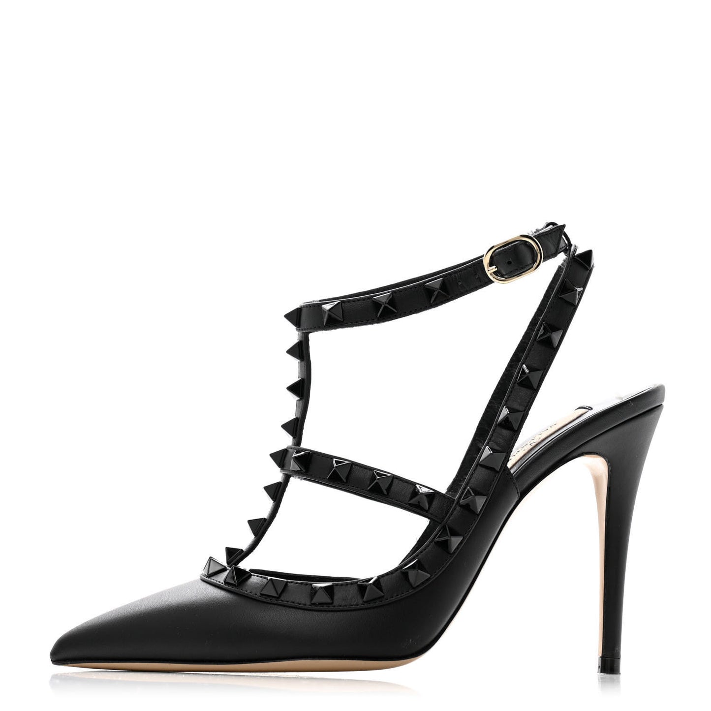 Calfskin Lacquered Monochrome Rockstud Ankle Strap 100mm Pumps 37 Black