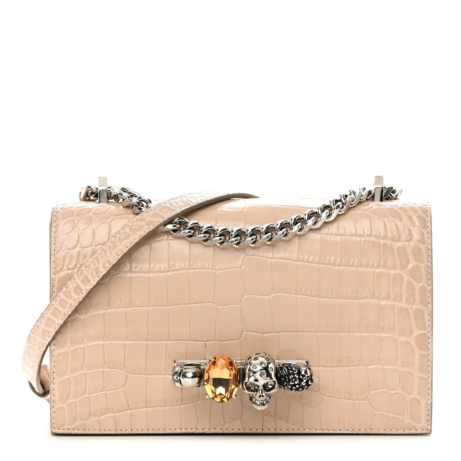 Alexander McQueen Shiny Crocodile Embossed Jeweled Satchel Sand 1 of 12