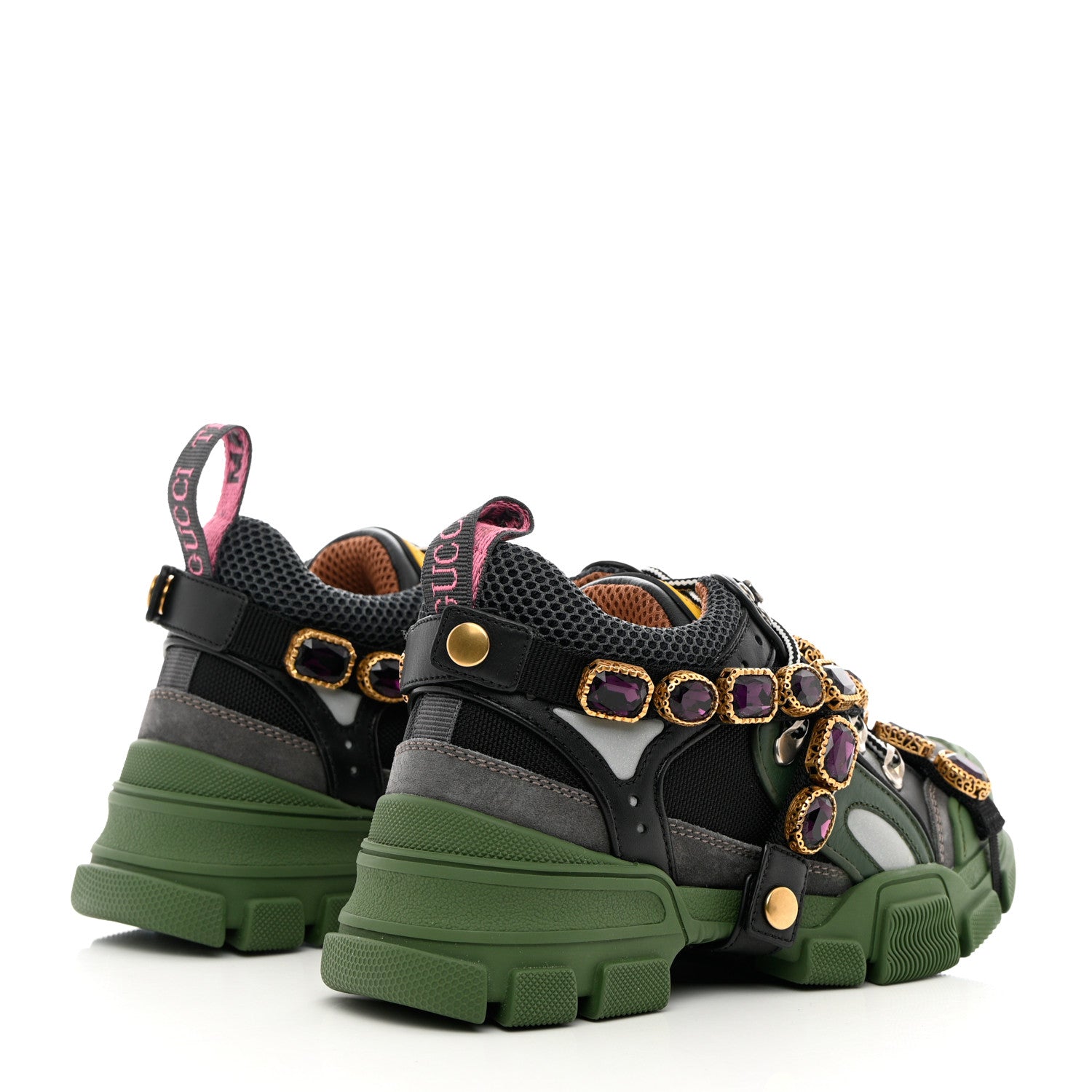Gucci X SEGA Mesh Suede Calfskin Removable Crystals Flashtrek Sneakers 36 Loess Black Olive Green 4 of 8