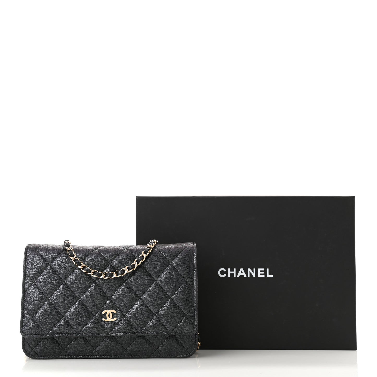 Iridescent Caviar Quilted Wallet On Chain WOC Black