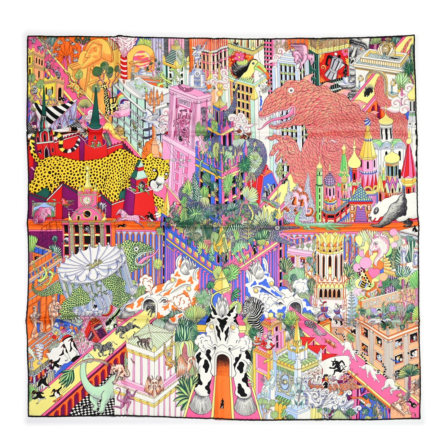Silk Animapolis Scarf 90 Jaune Vif Vert Rose