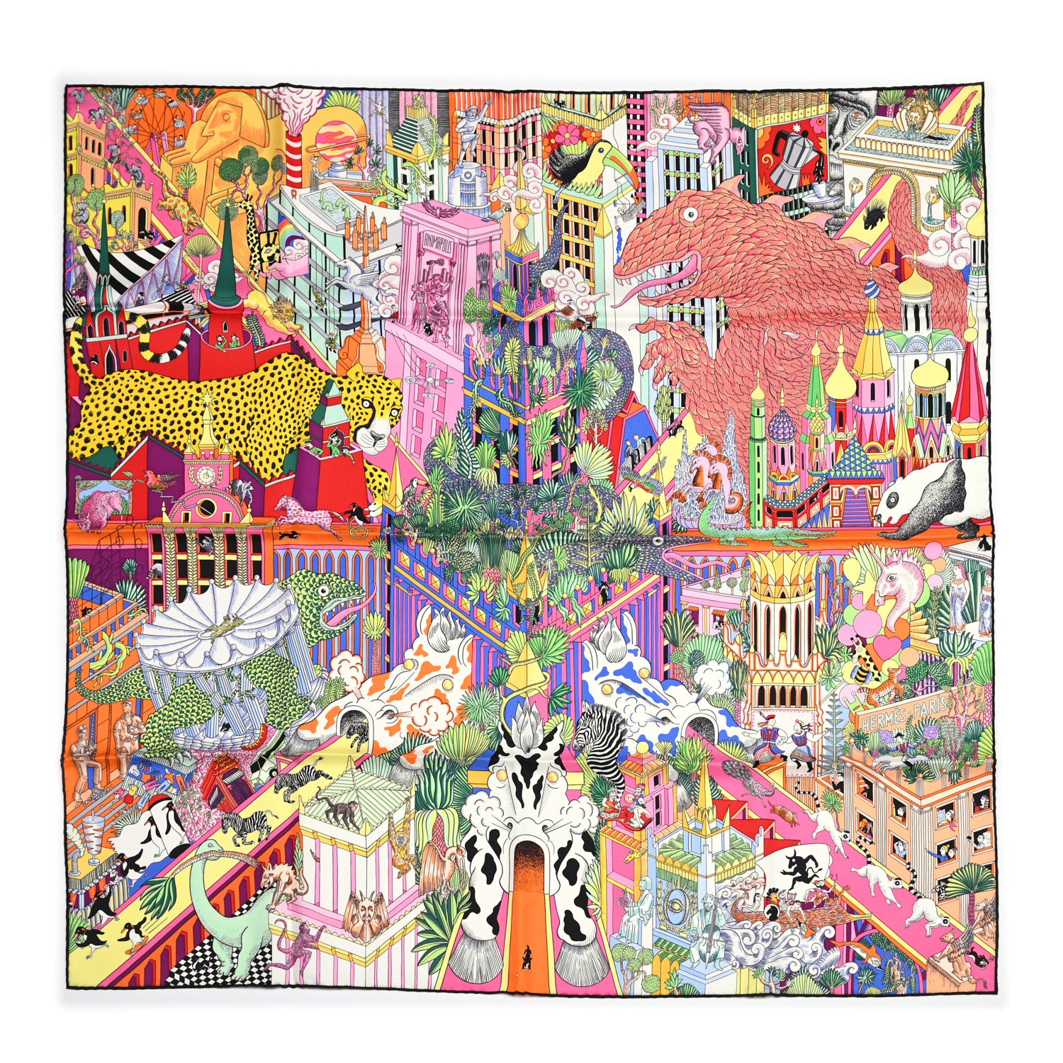 Hermes Silk Animapolis Scarf 90 Jaune Vif Vert Rose 1 of 5