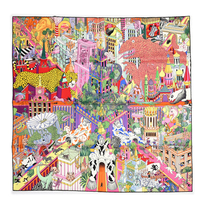 Hermes Silk Animapolis Scarf 90 Jaune Vif Vert Rose 1 of 5