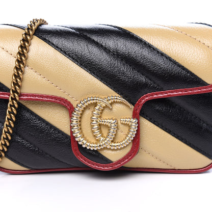 Gucci Vintage Effect Calfskin Matelasse Diagonal Striped Super Mini Torchon GG Marmont Shoulder Bag Black Beige 8 of 9