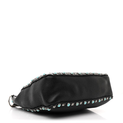 Valentino Garavani Pebbled Calfskin Tribal Small Guitar Strap Rockstud Rolling Flip-Lock Messenger Bag Black 4 of 9