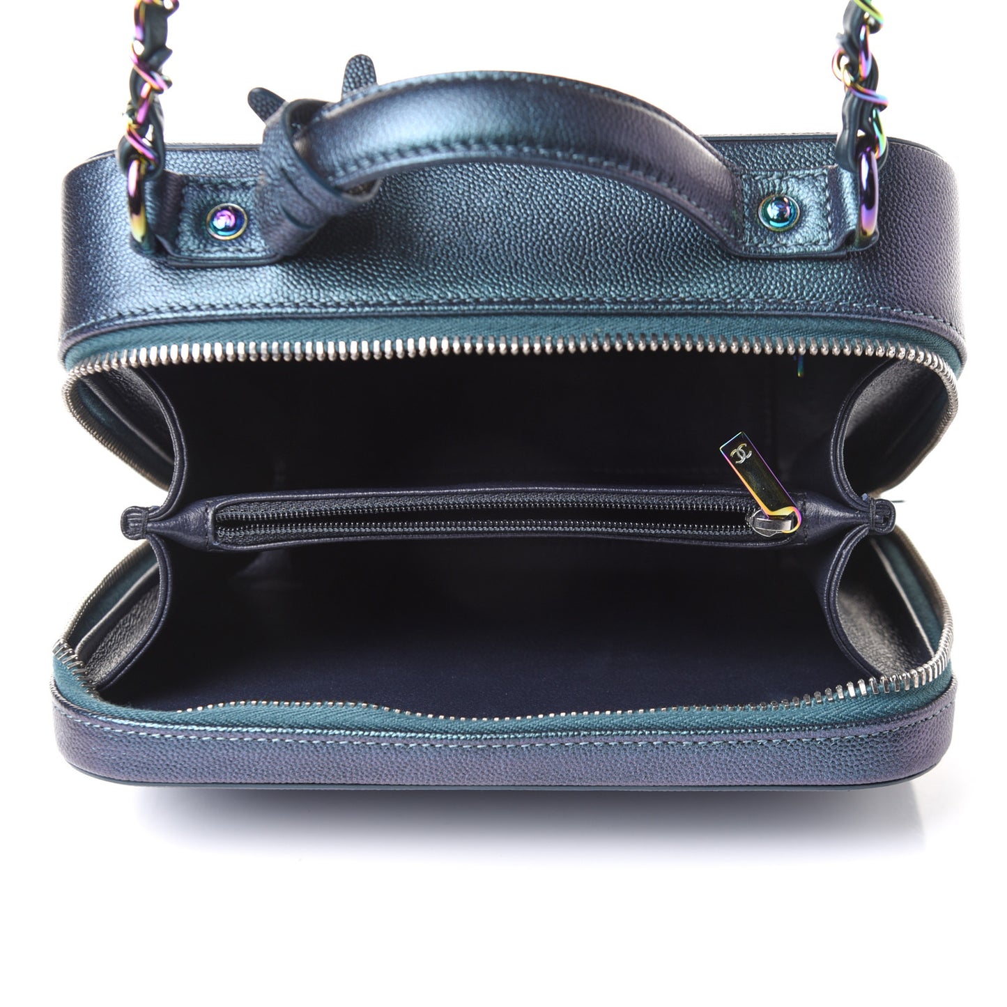 Iridescent Caviar Quilted Medium CC Filigree Vanity Case Dark Turquoise