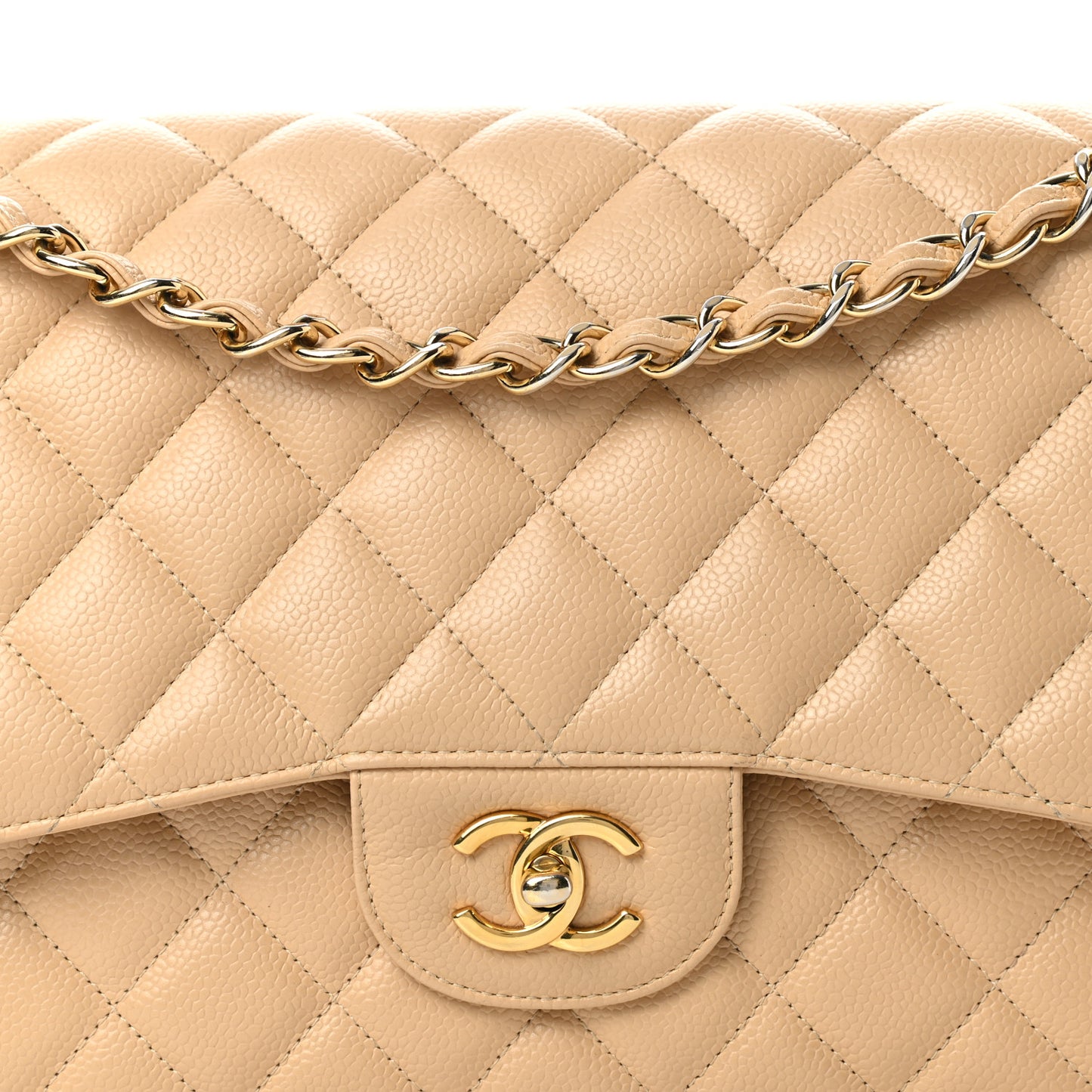 Caviar Quilted Jumbo Double Flap Beige Clair