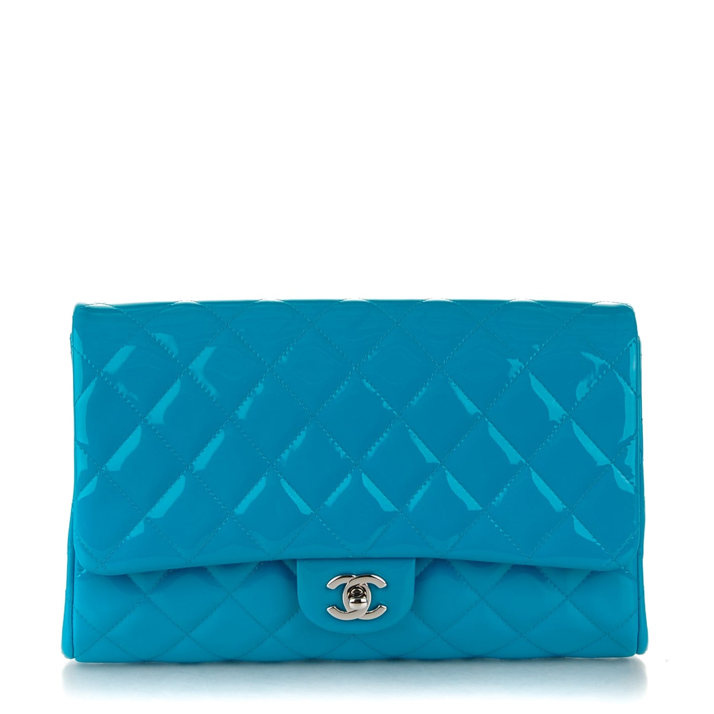 Patent Quilted Clutch with Chain Flap Blue