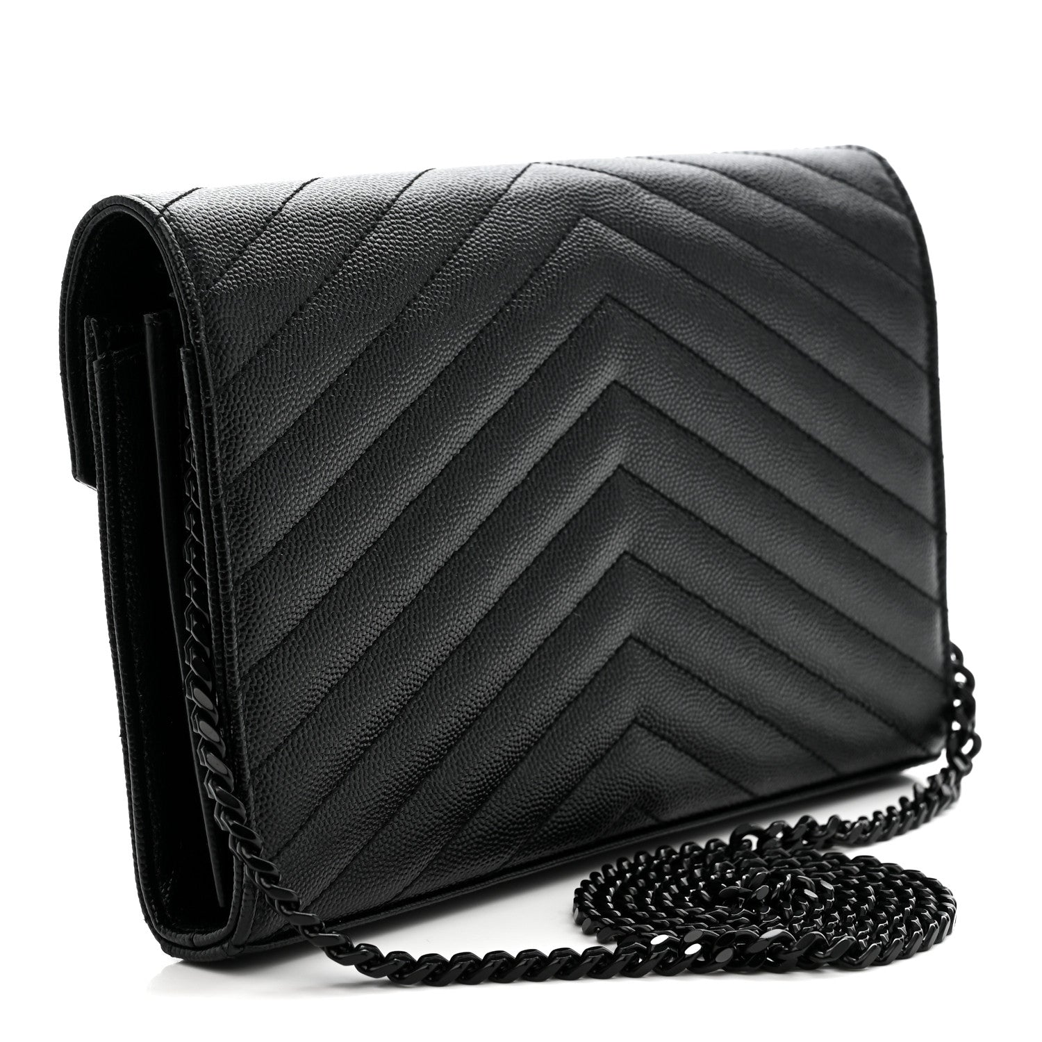 Saint Laurent Grain De Poudre Matelasse Chevron Monogram Monochrome Chain Wallet Black 3 of 10