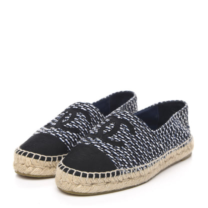 Chanel Tweed Grosgrain CC Espadrilles 37 Black Navy White 3 of 10