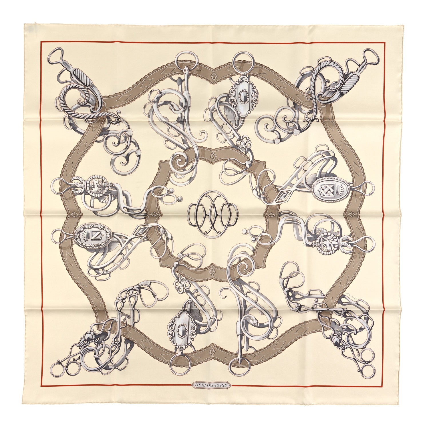 Hermes Silk Lift Profile Scarf 90 Creme Beige Gris 1 of 3