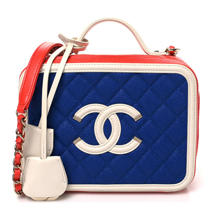 Chanel Caviar Quilted Medium CC Filigree Vanity Case Blue White Red 1 of 10