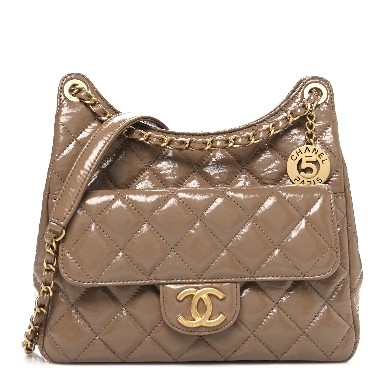 Chanel Shiny Crumpled Calfskin Quilted Wavy CC Hobo  Dark Beige 1 of 11