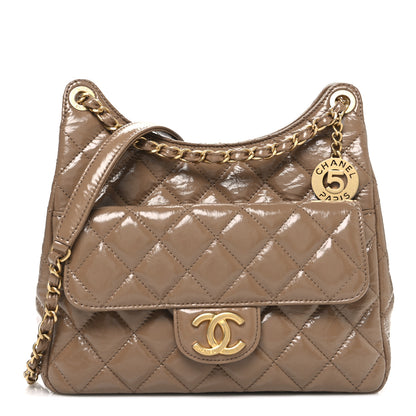 Chanel Shiny Crumpled Calfskin Quilted Wavy CC Hobo  Dark Beige 1 of 11