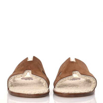 Hermes Suede Goatskin Shearling Mens Izmir Sandals 42.5 Marron Teck Ecru 2 of 10