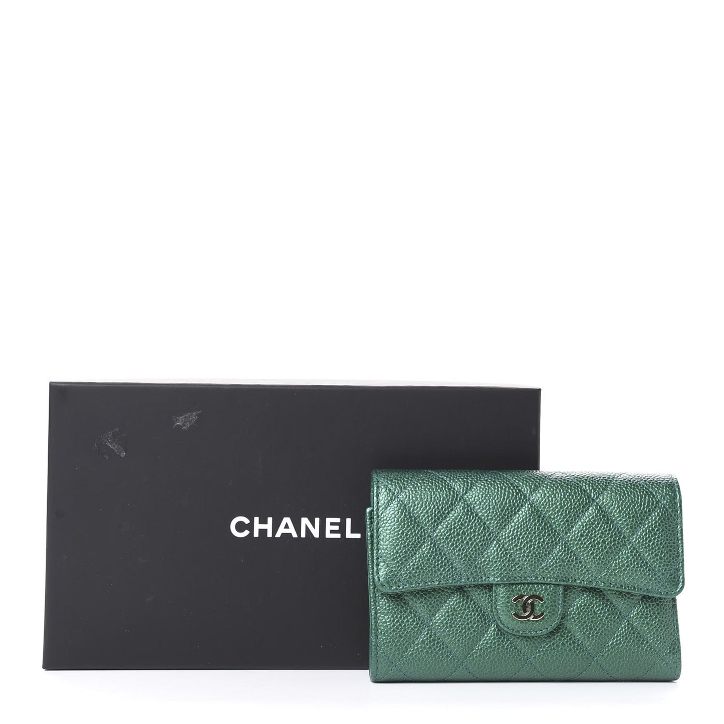Metallic Caviar Quilted Medium Flap Wallet Green